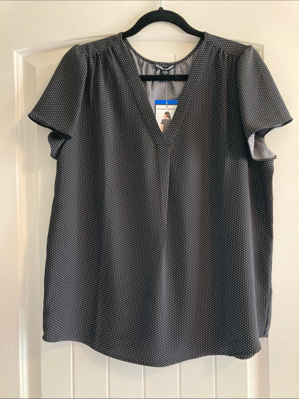 Hilary Radley Black Blouse with White Dot Print - V-Neck Flutter Sleeves